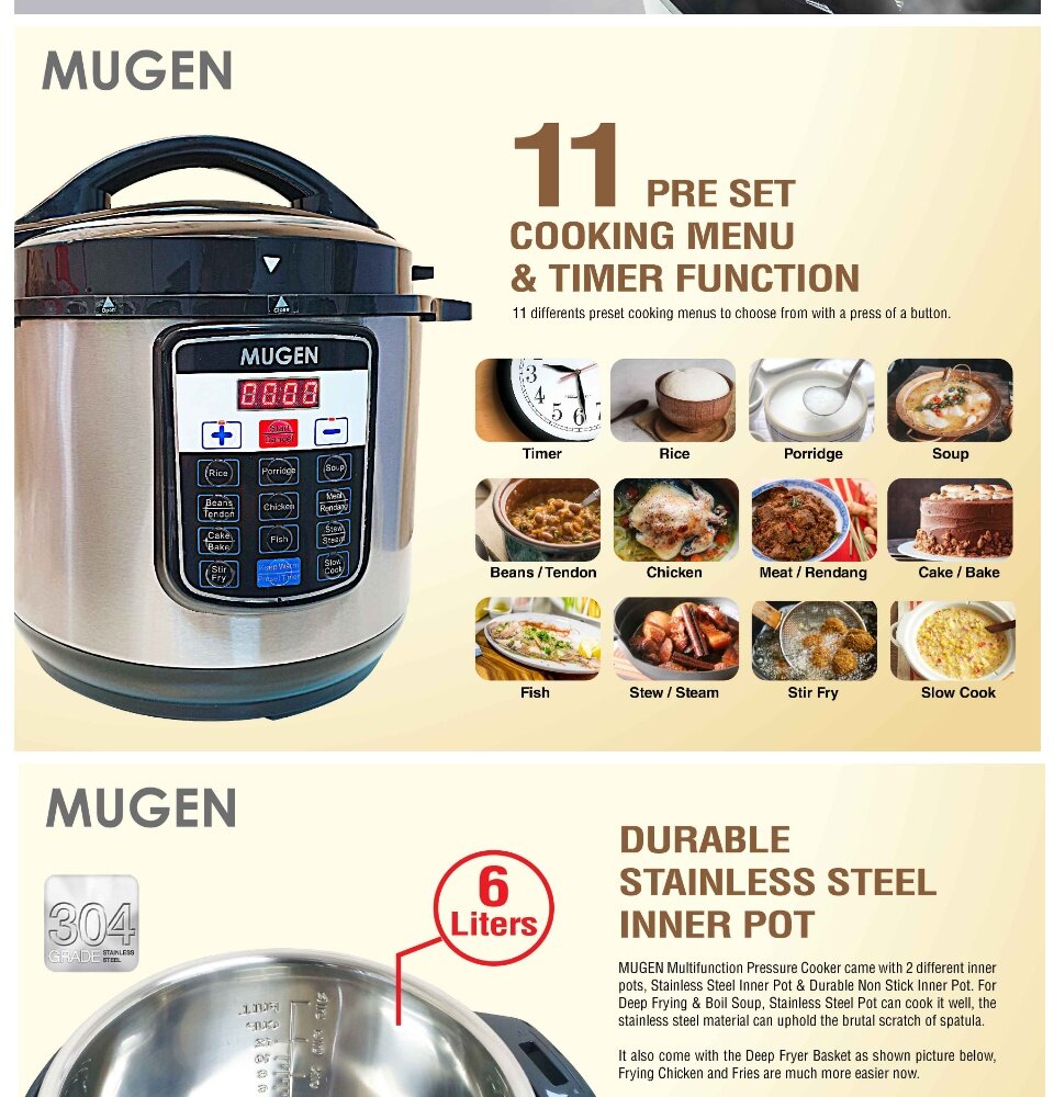 Mugen Multifunction Pressure Cooker 6L Non Stick Pot Stainless Steel Inner Pot Free Gifts Ready Stock Lazada