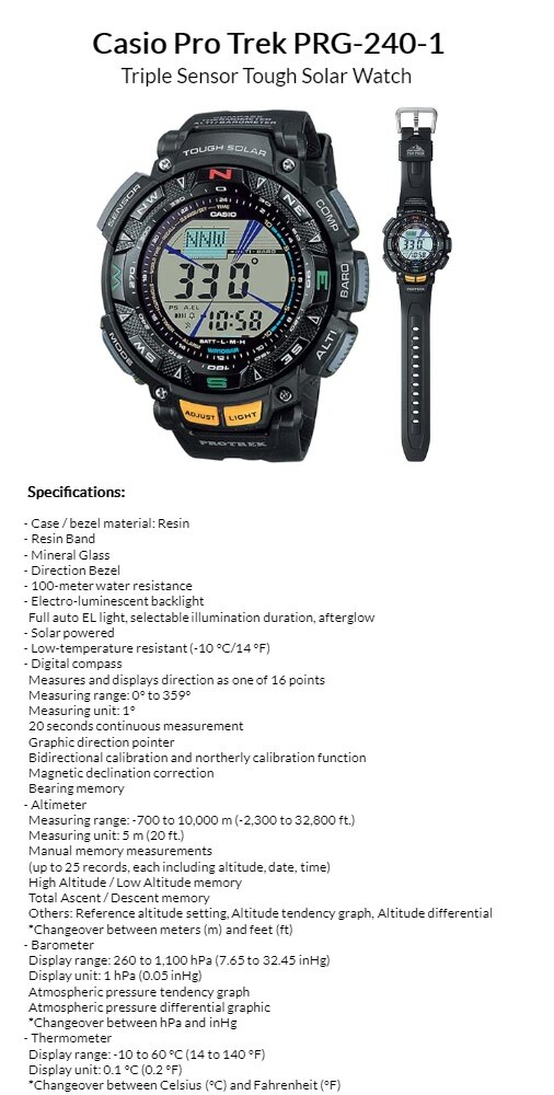 Casio Pro Trek PRG-240-1 Tripler Sensor Tough Solar Watch Lazada