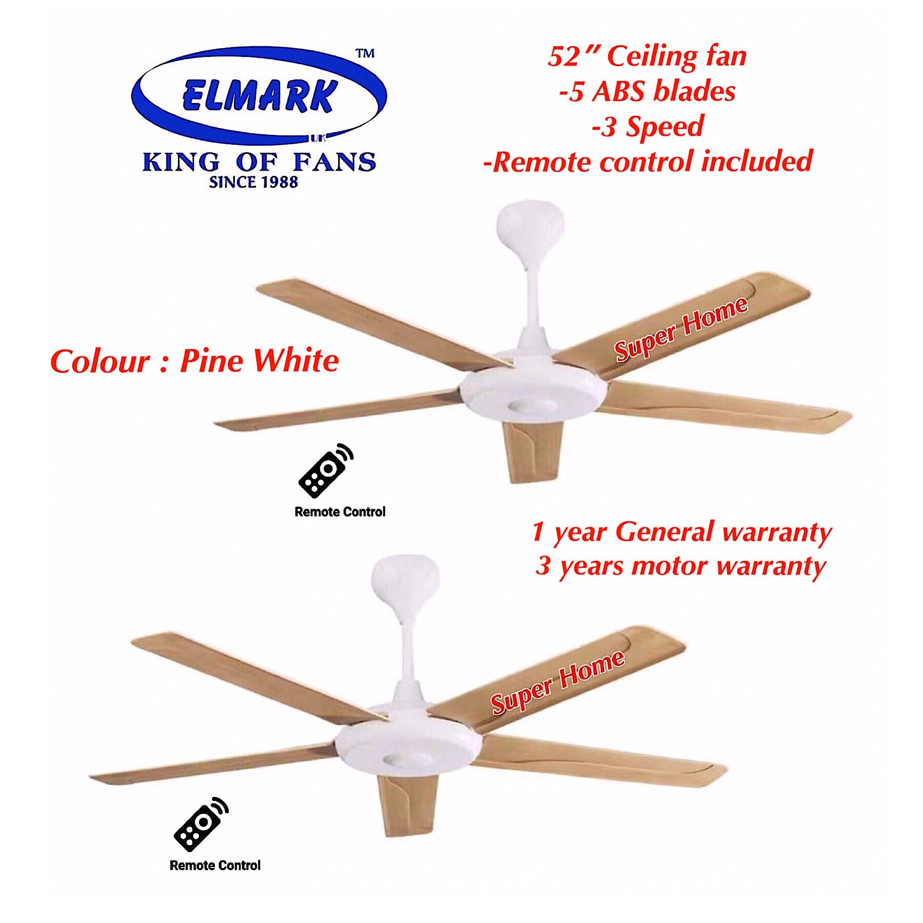 2 Unit Elmark Gem Tp102 Abs Blade 52 Inch Ac Motor Ceiling Fan
