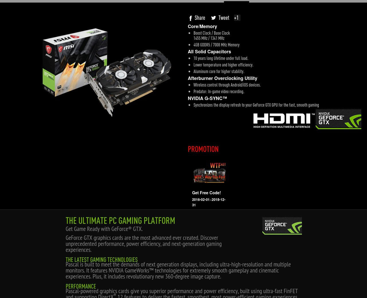 MSI NVIDIA Geforce GTX1050TI 4GT OCV1 Twin Fan 4GB DDR5 Graphics Card
