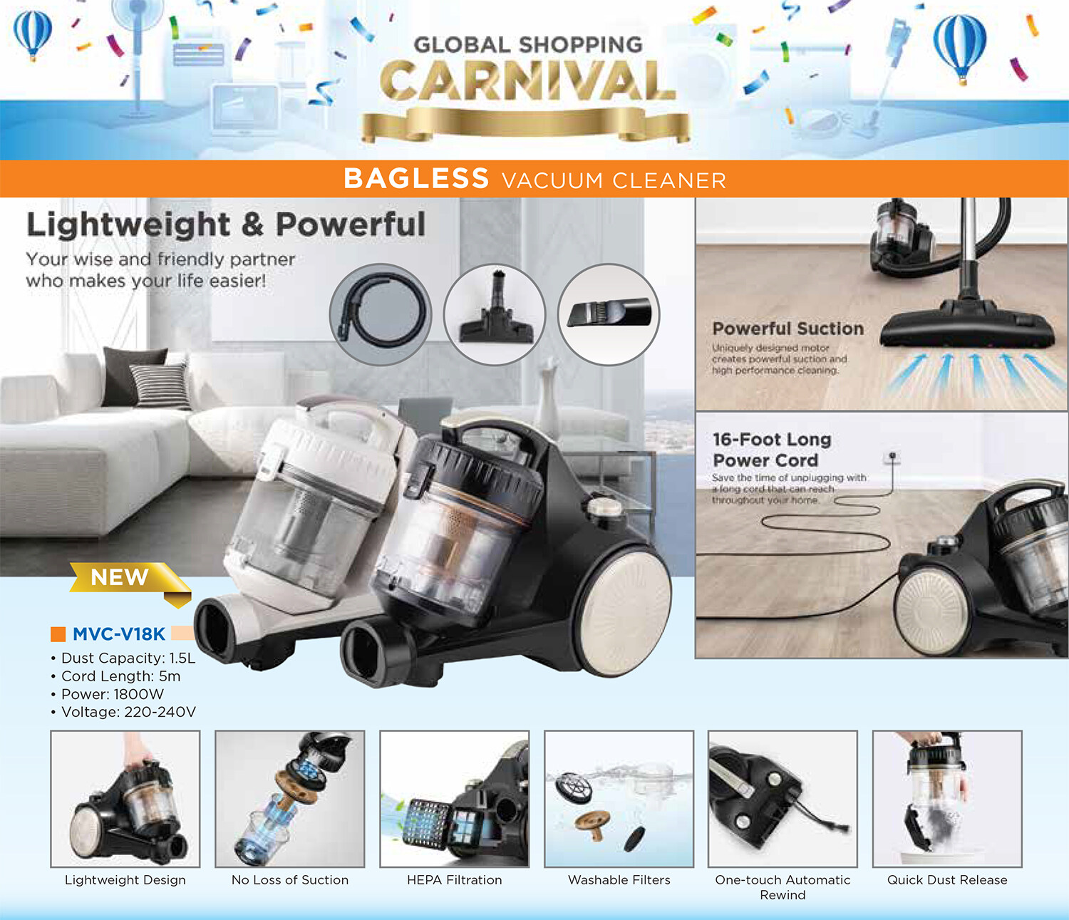 Midea 1800W Canister Bagless Vacuum Cleaner MVCV18KBA / MVCV18KBG