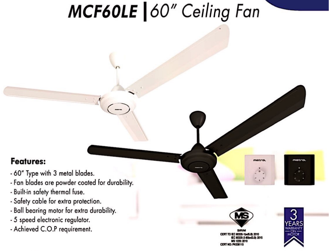 Mistral 60" 3 Blade Basic Ceiling Fan MCF60LE (White) Seng Huat