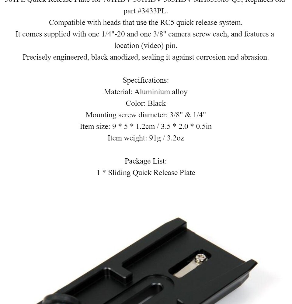 501PL Sliding Quick Release Plate 1/4 -20 3/8 Screws for