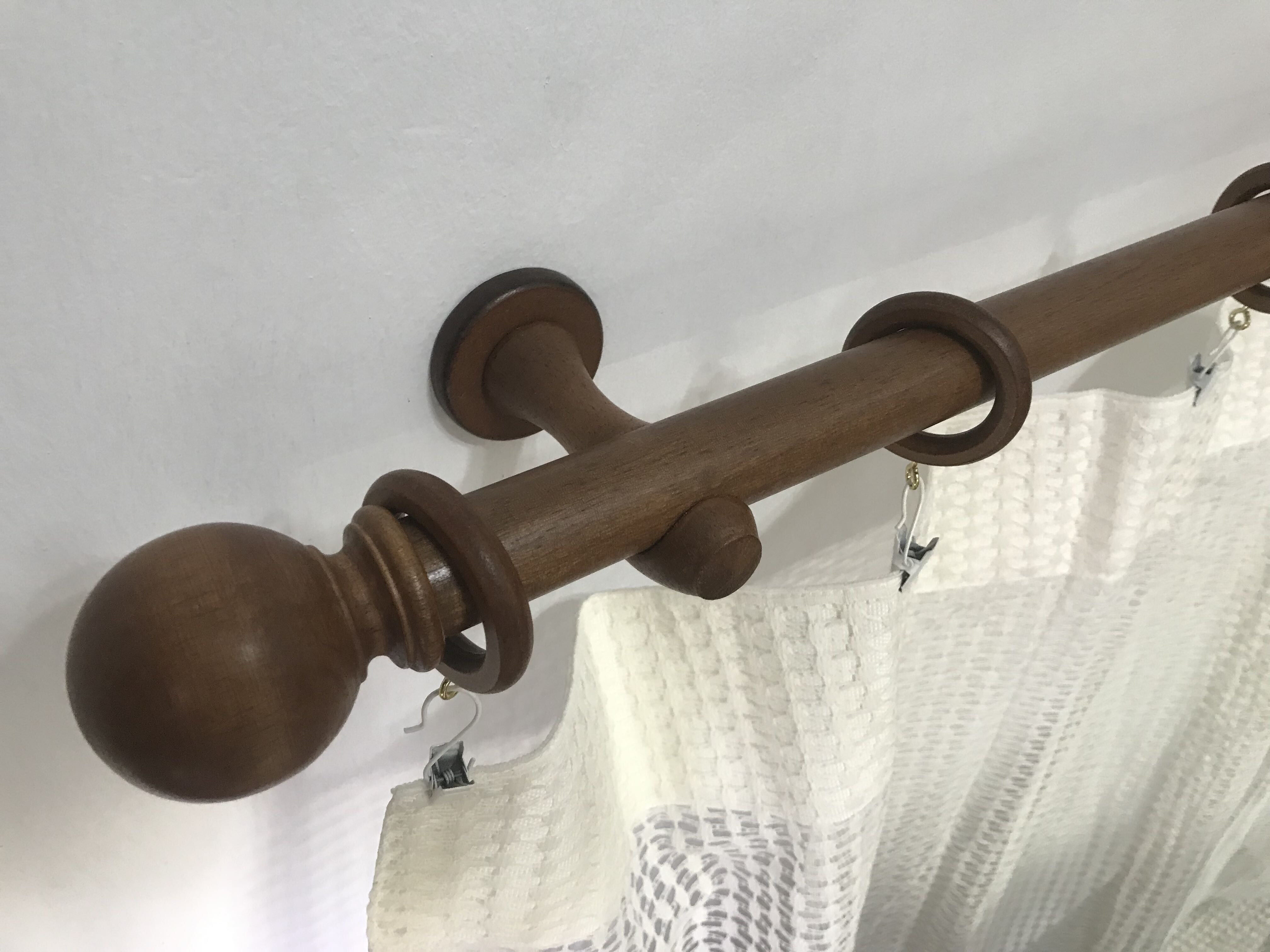 180cm 6ft Walnut Wooden Curtain Rod Set With Round Finials