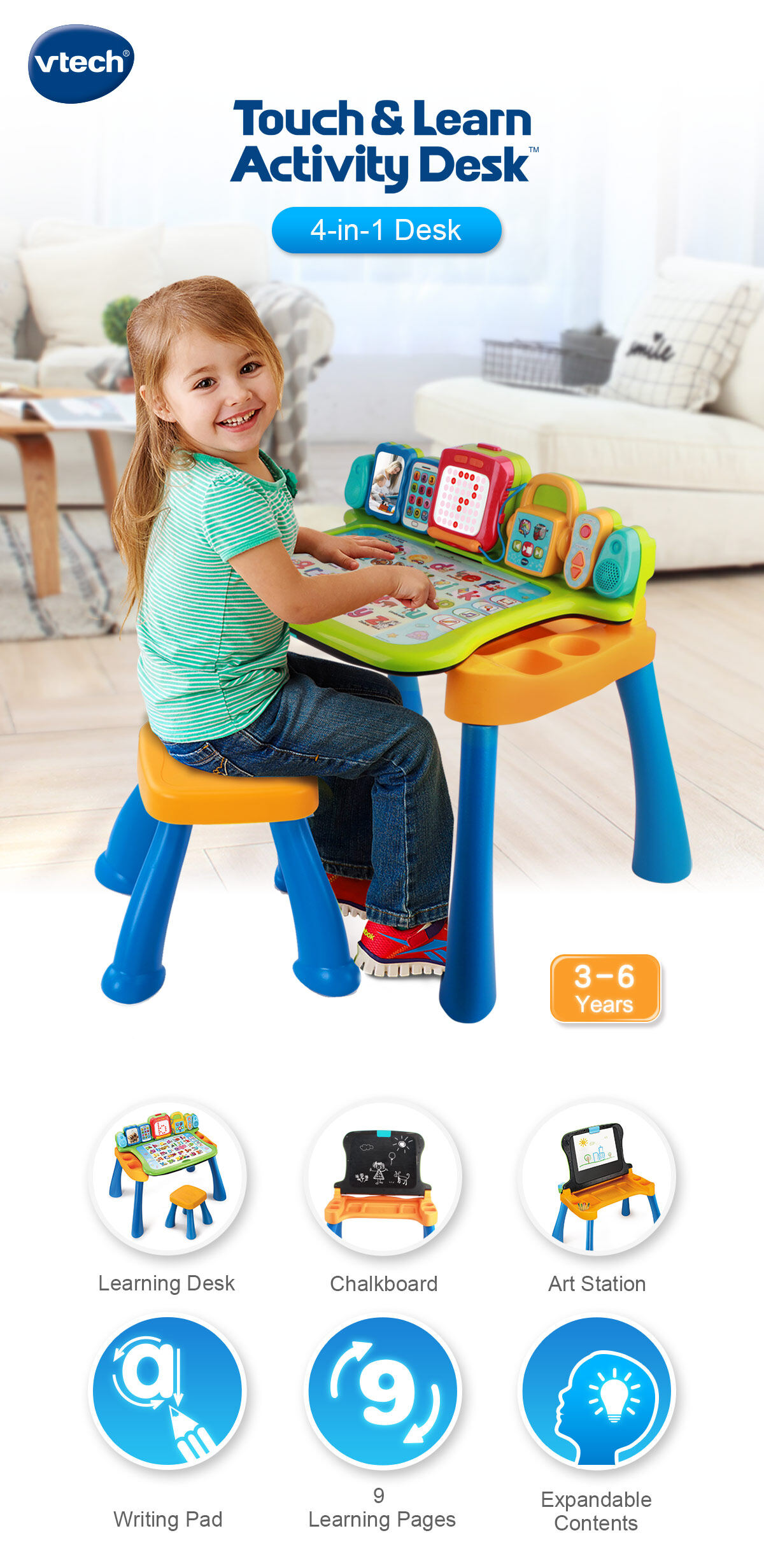 Vtech 4 In 1 Touch Learning Kids Desk Electronic Toys And Learn Activity Easel Chalkboard With 5 Interactive Pages