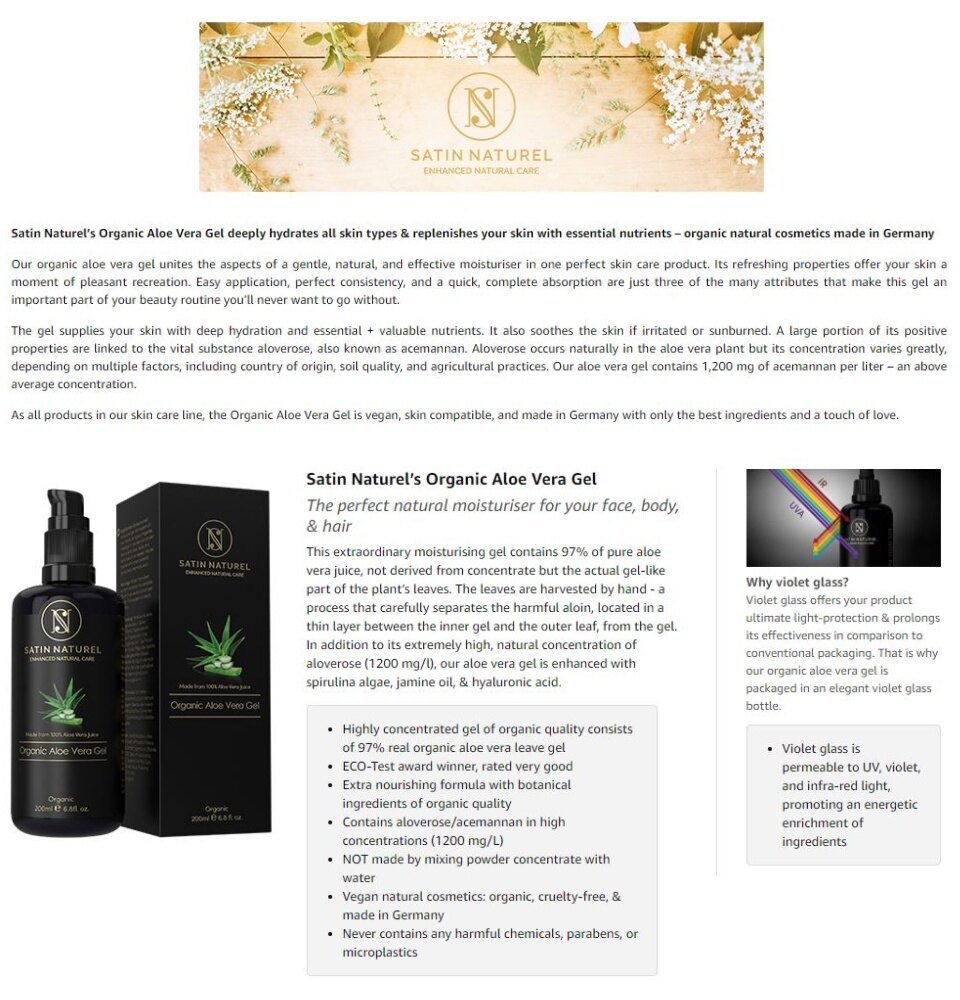 SatinNaturel Aloe Vera Gel ORGANIC 100%  ECO-Test VERY GOOD* - Vegan  Skin Care MADE IN GERMANY - Highest Quality  200 ml Violet Glass Bottle -  Natural Cosmetics With Hyaluronic Acid, Organic Spirulina & Jasmin | Lazada