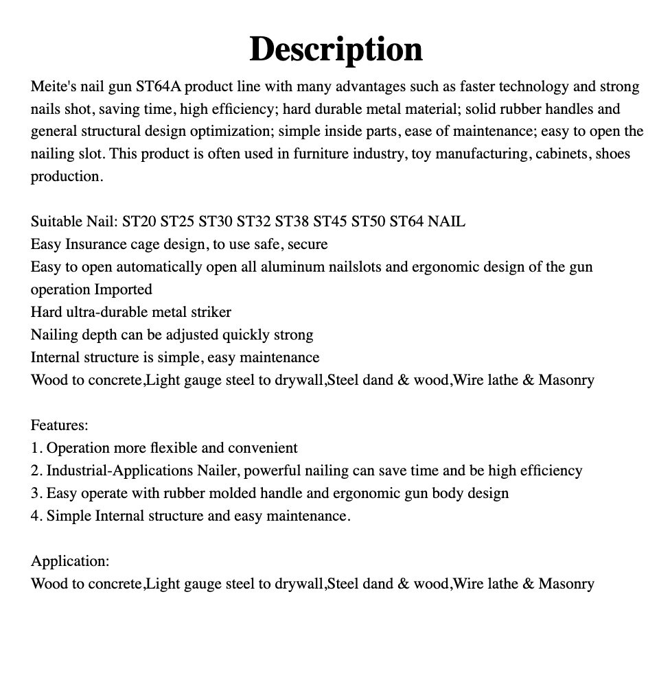 MEITE FINISH CONCRETE NAILER AIR NAILER ST64A AIR TOOL PREMIUM GRADE ST