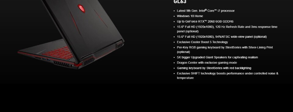 Msi Gl63 8se 099 15 6 Fhd Gaming Laptop Intel I5 8300h 8gb 128gb Ssd 1tb Hdd Rtx 2060 6gd6 W10 Lazada