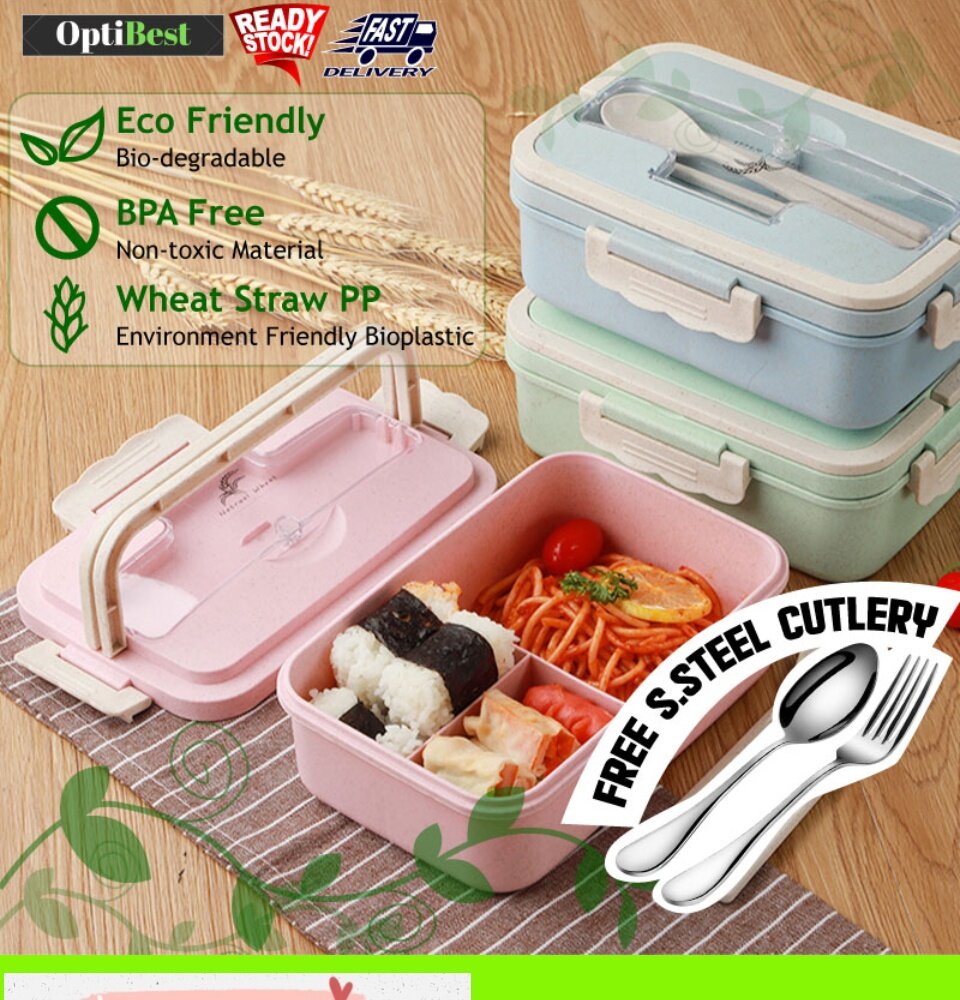 1000ml Wheat Straw Lunch Box Microwave Safe Bento 3 Grid Stainless Steel Dinnerware Set Thermal Thermos Lazada 1000ml Wheat Straw Lunch Box Microwave