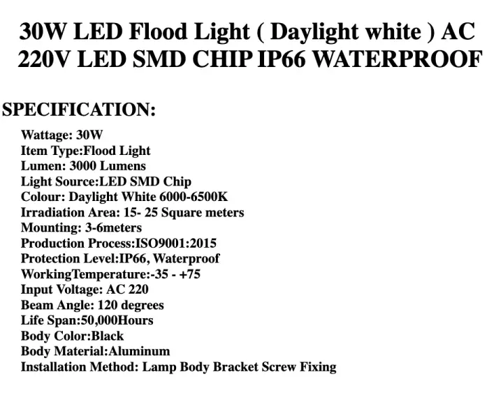 30W LED Flood Light  ( Daylight white ) AC 220V LED SMD CHIP IP66 WATERPROOF spot light Super Bright Wall Outdoor Spotlight landscape light Garden Lamp Signboard Lampu Spotlight lampu led