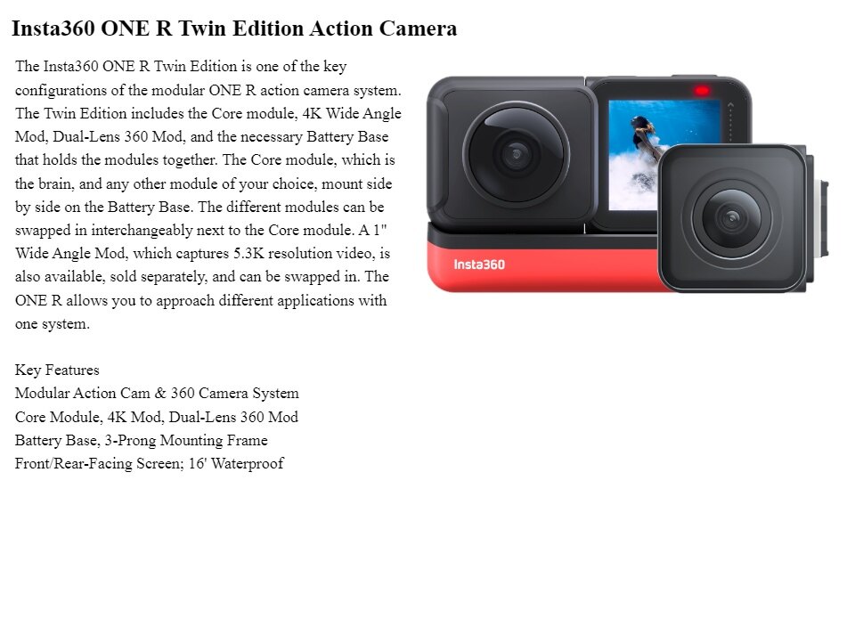 Insta360 ONE R Twin Edition Action Camera 4K Wide Angle Mod Dual