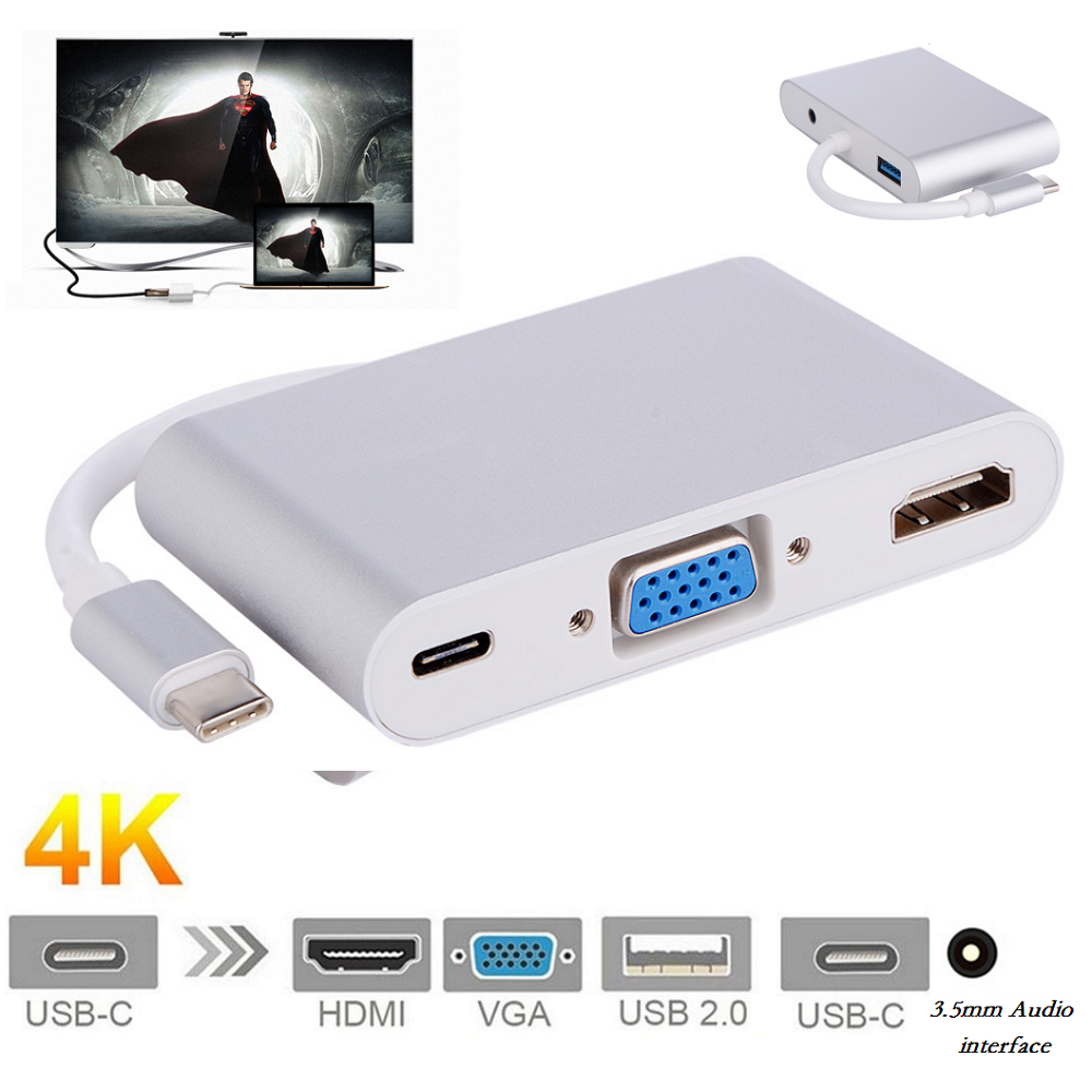 5 trong 1 Loại C tiếp Hợp, USB 3.1 [Thunderbolt 3] Loại C USB C sang HDMI/VGA/USB 3.0/3.0 với 3.5 mét Âm Thanh (PD Charing Cổng) USB C Adapter Hub